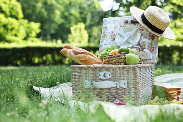 Picnic wicker basket with delicious food on blanket outdoors