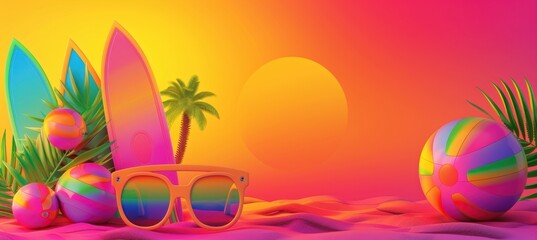 Retro 90s Beach Party Banner with Neon Sunglasses, Surfboards, and Sunset Vibes for Event Posters