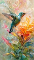 Hummingbird in Mid-Flight Feasting on Colorful Flowers, Blur of Wings Reflects Sunlight