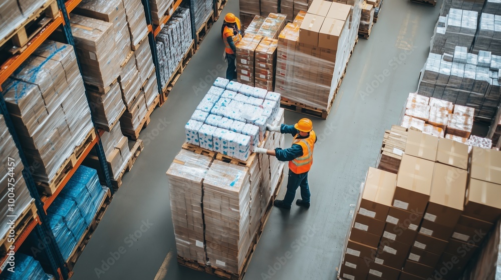 Poster warehouse workers organize and stack pallets of boxes during busy afternoon operations in a distribu
