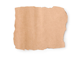 Piece of old paper with dark burnt borders isolated on white, top view