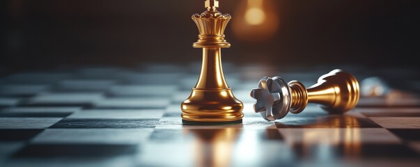 Golden chess piece standing tall on a chessboard, symbolizing victory and strategy in a competitive game