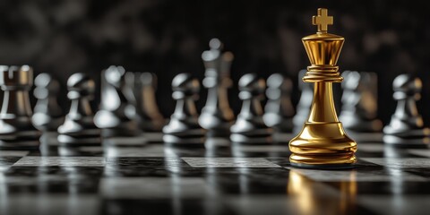 Golden chess piece stands out among silver pieces on a chessboard, symbolizing strategic leadership and distinction