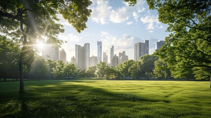 A park in the middle of a big city with skyscrapers