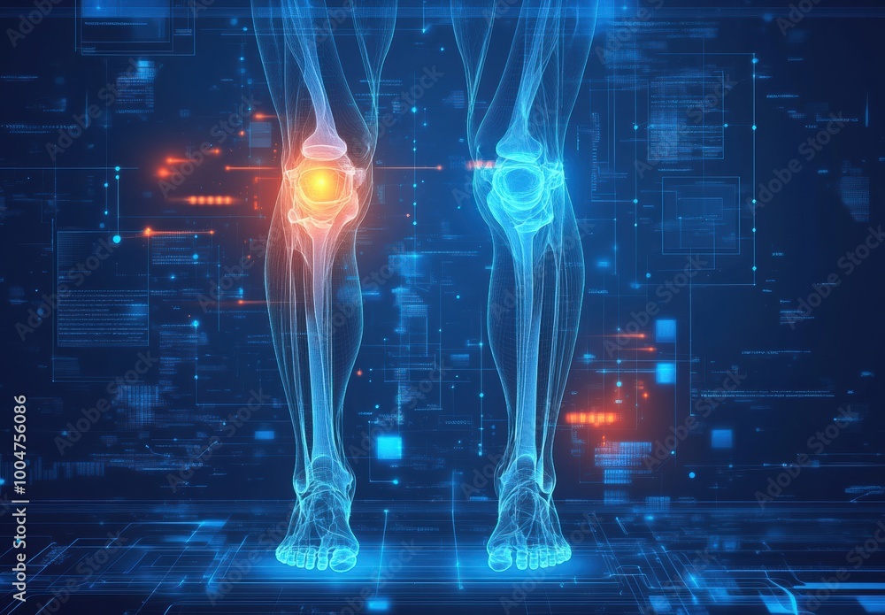 Poster digital illustration comparing a healthy knee with an affected one using futuristic holographic tech