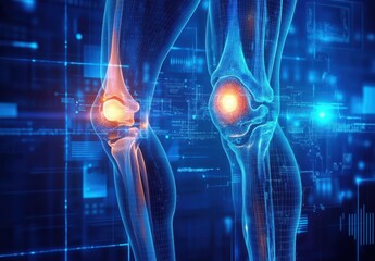 Digital illustration comparing a healthy knee to an injured knee with highlighted areas in a futuristic medical interface setting