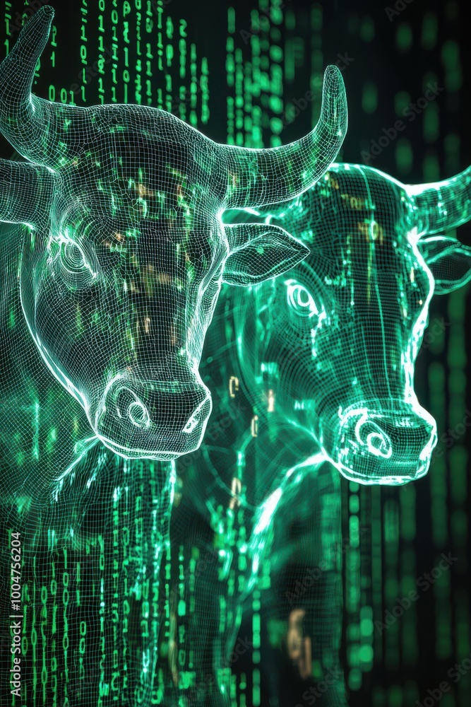 Poster a dynamic green wireframe of a bull and a bear amidst binary code, symbolizing financial markets and