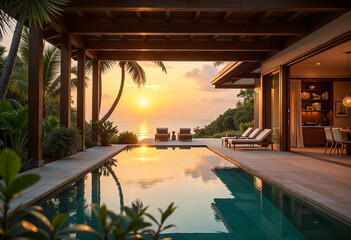 Obraz premium Tropical villa view with garden, swimming pool and open living room at sunset.