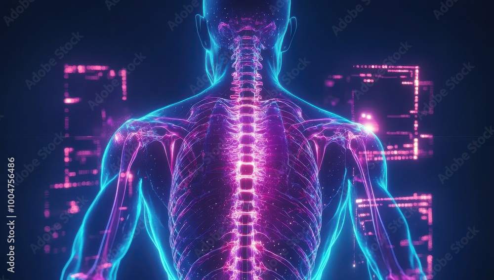 Poster digital rendering of a human body highlighting the spinal cord and nervous system in neon blue with 
