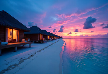 Obraz premium Amazing sunset panorama at Maldives. Luxury resort villas seascape with soft led lights under colorful sky. Beautiful twilight sky and colorful clouds. Beautiful beach background for vacation holiday