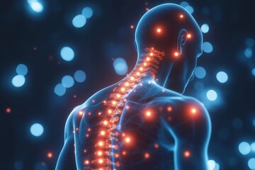 Human body with glowing red pain points on neural pathways illustrating pain or nerve stimulation, set against a dark blue background