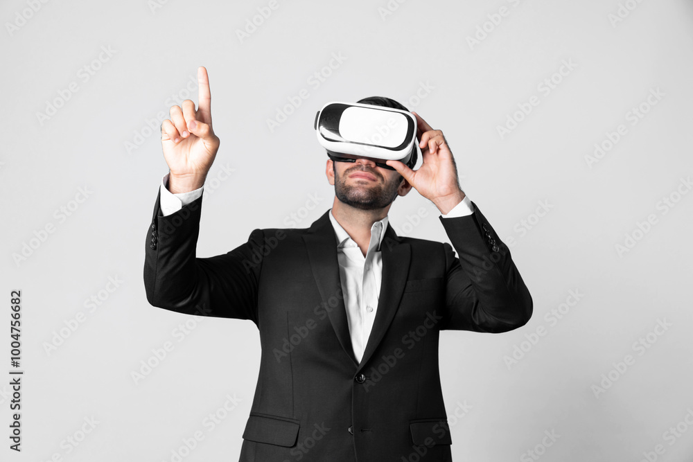 Aufkleber project manager with virtual reality glasses looking at data analysis while analyzing and pointing d