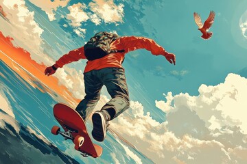 Dynamic black and white illustration of a man skateboarding under a dramatic sky with a bird flying nearby