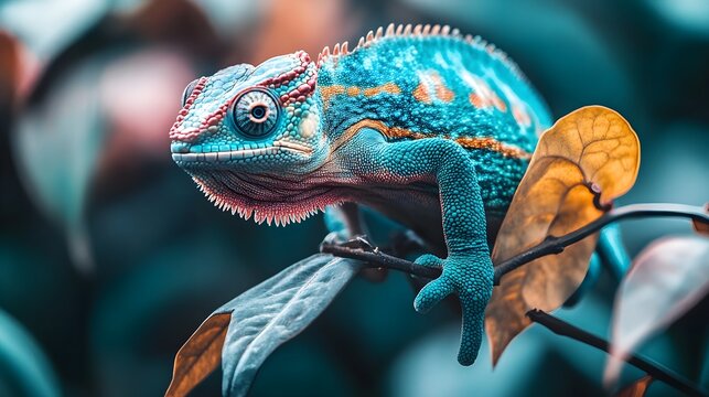 Camelion sits on a branch in the jungle