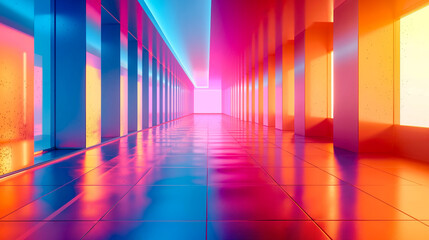 A long hallway with colorful walls and flooring