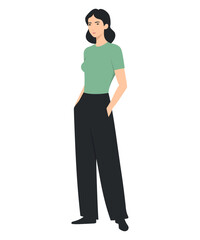 Vector illustration of a girl with a mint t-shirt and black pants.