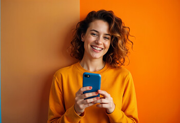 Happy gen z woman holding a phone in a vibrant orange monochromatic setting with a blue background, capturing modern and cheerful vibes.