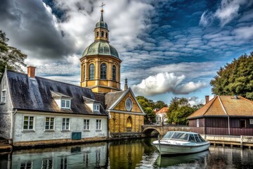 The view of a little historic church in a European town
