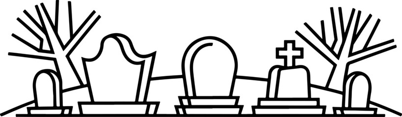 Minimalist graveyard line art with tombstones and trees