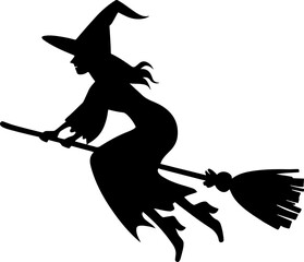 Silhouette of a witch flying on a broomstick at dusk