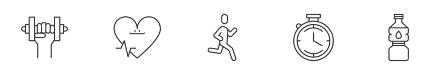 Physical fitness icon set. Strength, health, cardio, time, hydration. Vector illustration