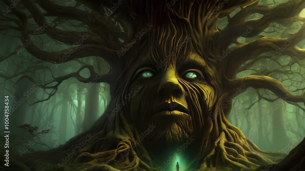 Poster a mystical 3d animation of a tree with a human face in a forest. the tree is surrounded by fog, addi