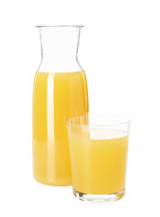 Glass and jug with tasty pineapple juice isolated on white