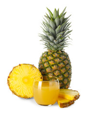 Glass with pineapple juice and fresh pineapples isolated on white