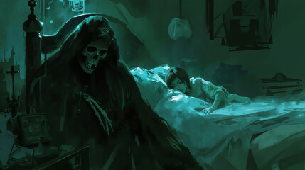 A woman laying in bed next to a skeleton in a dark room