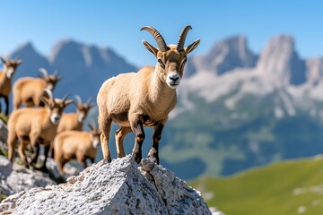 A herd of mountain goats scaling a rocky cliff, with towering peaks in the background and a clear blue sky overhead