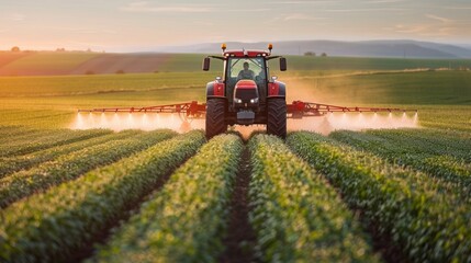 Farmers Operating Tractor Spraying Pesticide on Crops – Expansive Agricultural Field with Green Plants, Sustainable Farming and Natural Landscape Under Soft Sunlight