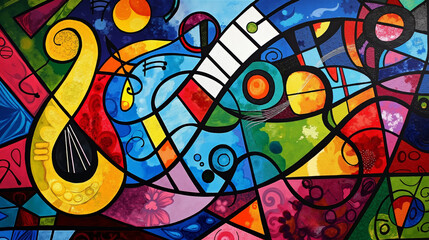 Obraz premium A painting of a colorful abstract painting with a guitar