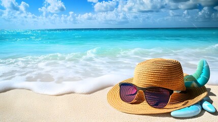 Straw hat and sunglasses on beach landscape