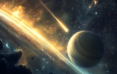 Obraz premium Cosmic landscape with glowing planets and comet