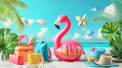 Obraz premium Beach bag with accessories, including an inflatable flamingo, representing a tropical vacation and relaxation theme. 