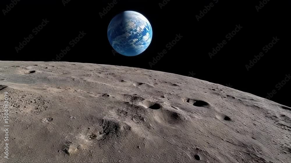 Poster a stunning view of earth from the surface of the moon, showing craters and a dark sky.. ai generatio