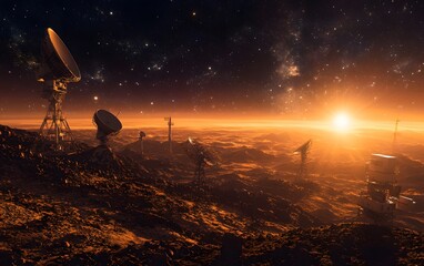 Futuristic alien landscape with satellite dishes and glowing horizon