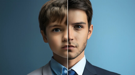 Image split in half portrait of a confident Caucasian young boy growing up into a man adult male person, with a stylish casual look, capturing the essence of youth and the journey of aging 
