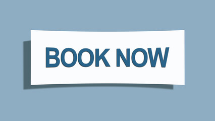 Book now. A card isolated on blue background.