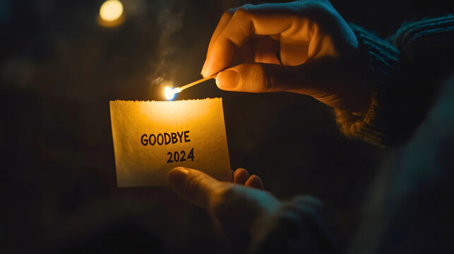 Goodbye 2024 A Matchstick burning, fire Ignites Paper in Hand’s Final Farewell, new year, winter holiday season