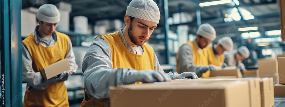 Poster warehouse workers assembling and packaging products during busy working hours in an industrial setti