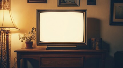 Blank screen television placed on a wooden table in a living room, offering space for media content or design. 