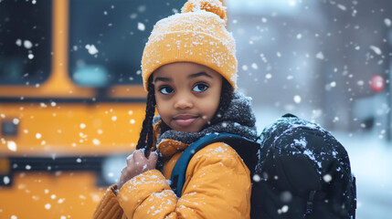 Portrait of a young African American girl, a pupil or student standing outside in snowy weather, waiting for the school bus, capturing the beauty and joy of winter moments in a cold landscape