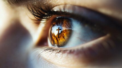 Closeup of a woman's eye with a Christian cross reflecting her faith in God, symbolizing prayer, belief, and spirituality, Christianity and the holy connection to Jesus Christ