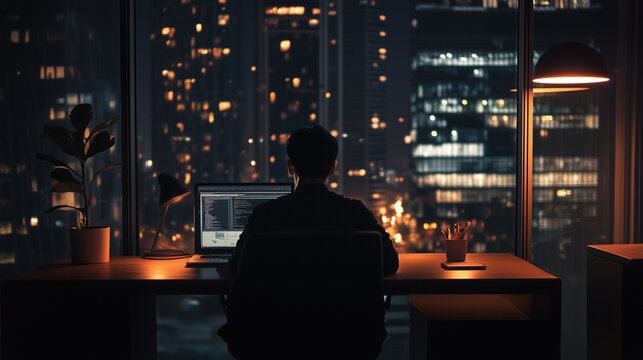 Persona di spalle che lavoro al pc davanti a un panorama di notte