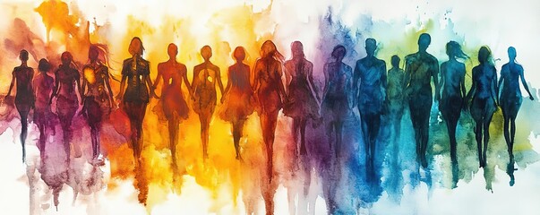 A vibrant watercolor illustration of diverse silhouettes, showcasing movement and unity through colorful patterns.