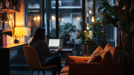 Persona di spalle che lavoro al pc davanti a un panorama di notte