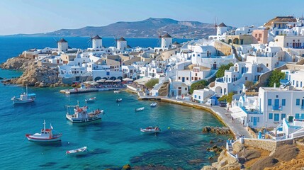 Aerial View of Mykonos, Greece: Traditional Cycladic Architecture, Whitewashed Houses, Turquoise Harbor, Iconic Windmills, Mediterranean Sea, Summer Vacation, Historic Orthodox Chapels, Scenic Island 