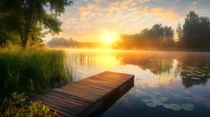 Panorama of beautiful sunrise over lake