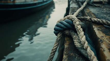 Fototapeta premium Close-up of a thick rope tied to a dock, with a boat in the background and rippling water.